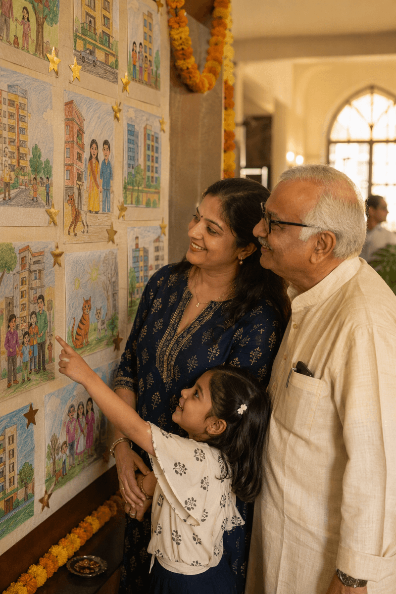 A young girl showing her drawing on the community artwork wall to her mother and grandfather