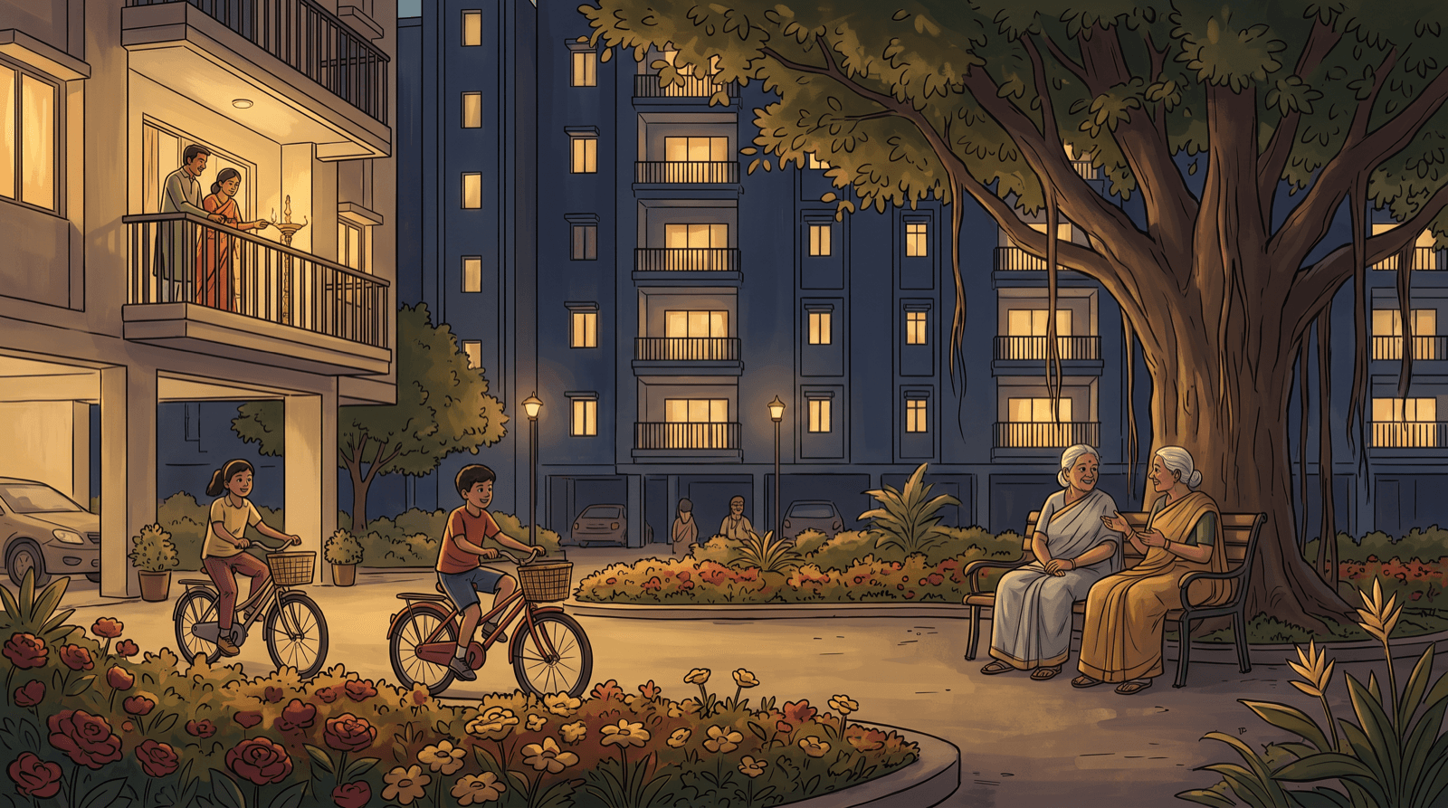 An Indian gated community courtyard at dusk - children cycling, grandparents talking under a banyan tree, warm windows glowing